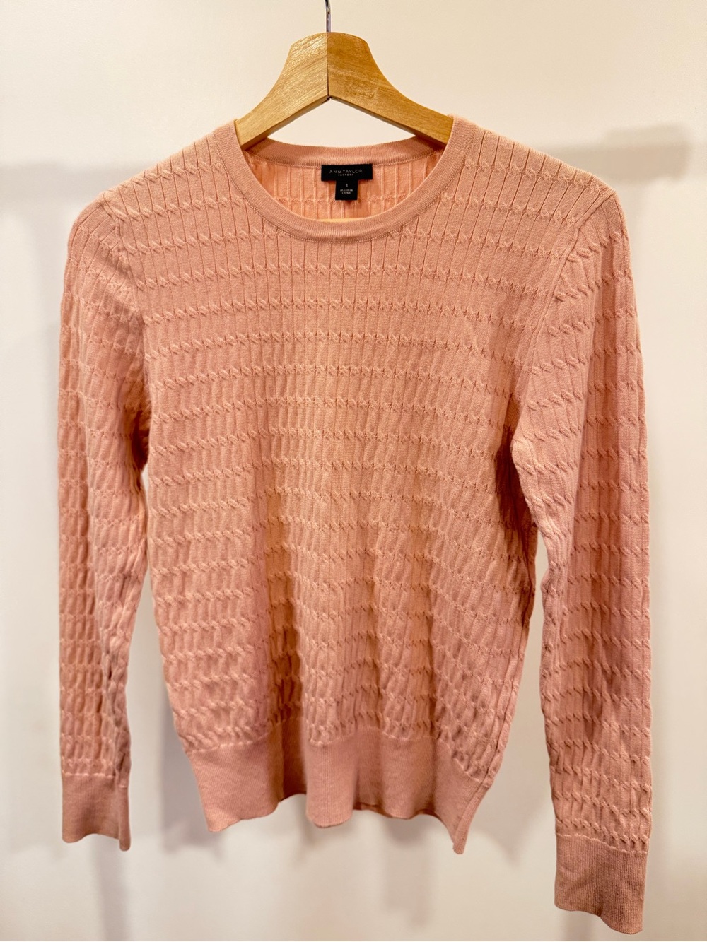 Ann Taylor Soft Pink Crewneck Cable-Stitch Sweater